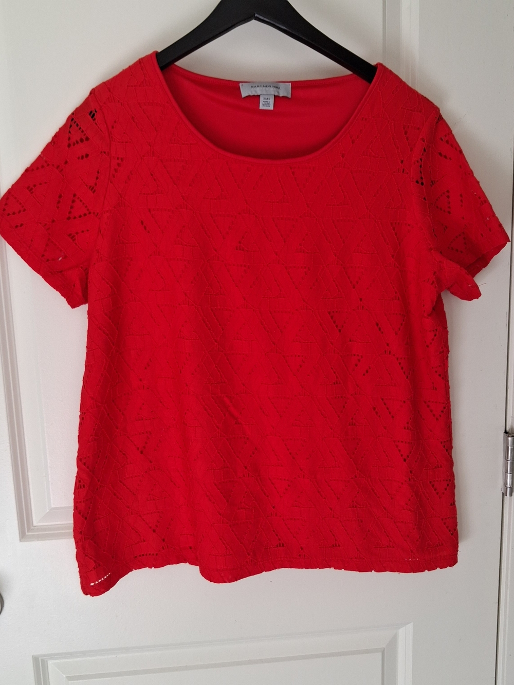 Marc New York Geometric Eyelet Lace Short Sleeve Top - Tango Red Sz XL